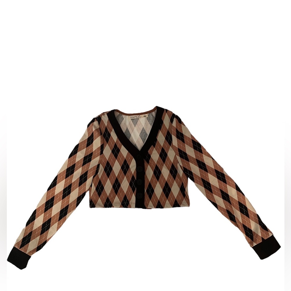 Liberty Love Girls Large Black and Tan Argyle Sweater